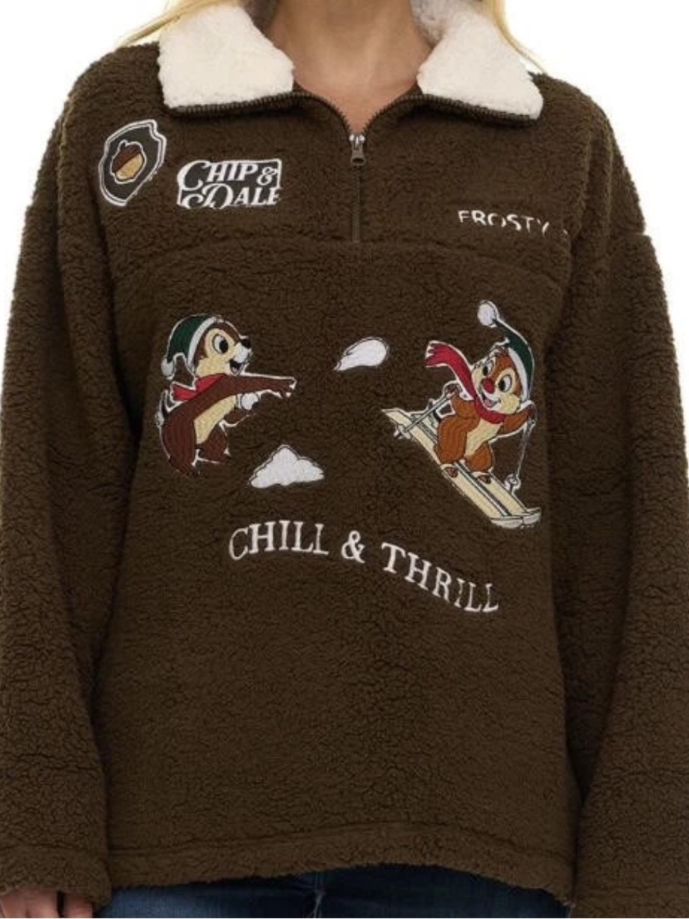 Disney Chip & Dale Sherpa 1/2 Zip Pullover XL Brown Ski Winter